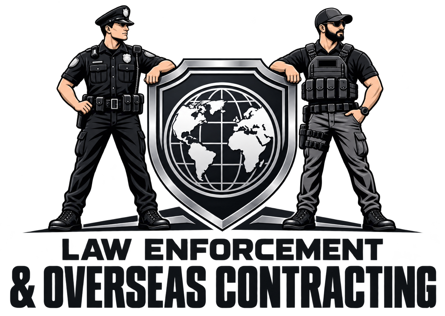 Law Enforcement & Overseas Contracting — police officer and overseas contractor beside a globe shield